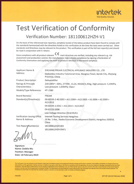 Dehumidifier Certificates