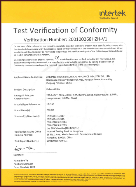 Dehumidifier Certificates Preair
