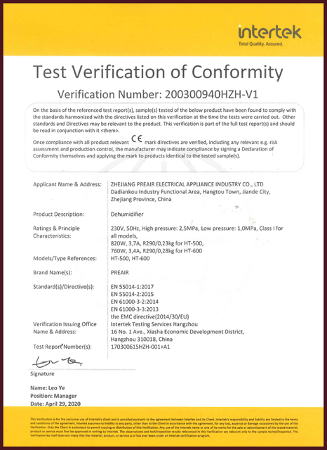 Preair Dehumidifier Certificates